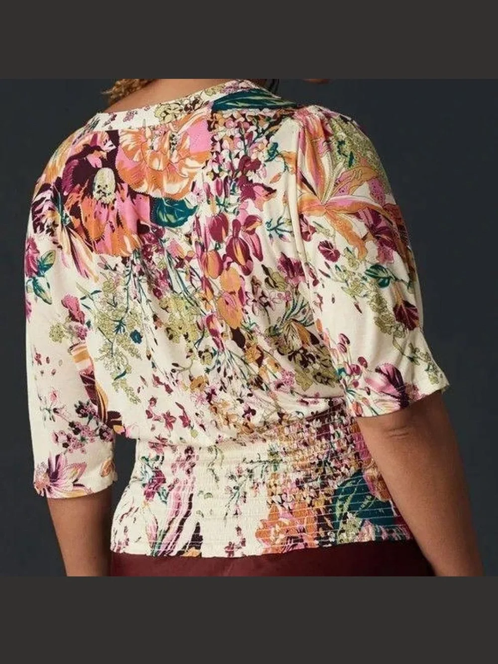 Anthropologie Tiny Adelaide Cream Floral V‑Neck Blouse with Smocked Puff Sleeves